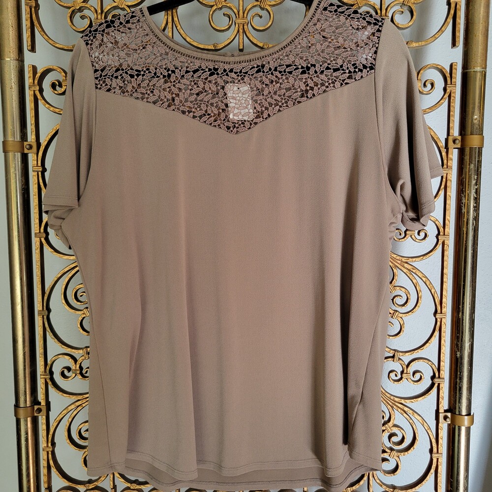 Taupe Lace Yoke Blouse Short Sleeve